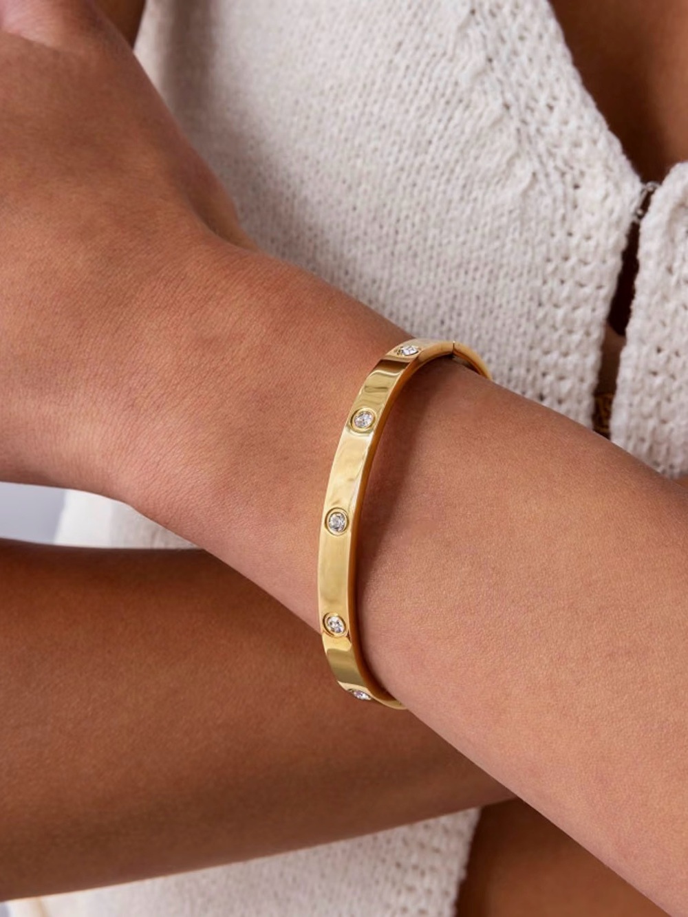 New Waterproof Bracelet for Women, 14K Gold Plated Bangle Cubic Zirconia